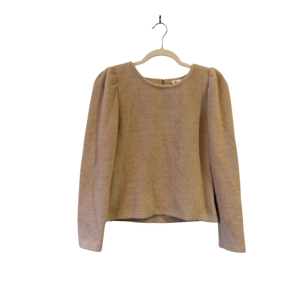 Sadie & Sage Tan Fuzzy Knit Puff Shoulder Keyhole Back Sweater Pullover